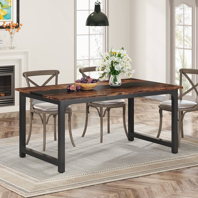 Dining Table Vintage Brown X Base Legs Sturdy Metal Rustic Wood