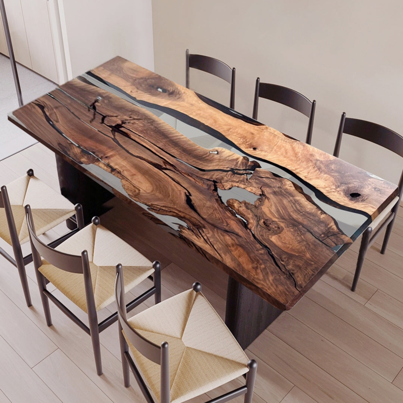 Dining Table Walnut Epoxy River Live Edge Black U-Shaped Legs