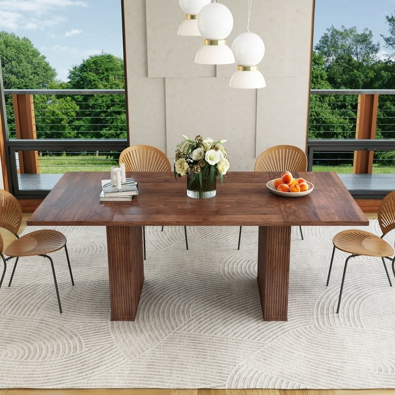 Dining Table Walnut Rectangular Double Pedestal Sculptural Base Curved
