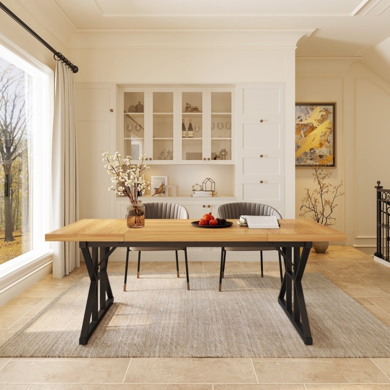 Dining Table Walnut Top with Matte Black X-Shaped Metal Legs