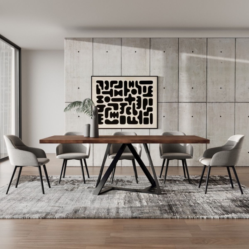Dining Table Walnut X-Base Metal Frame Trestle Design