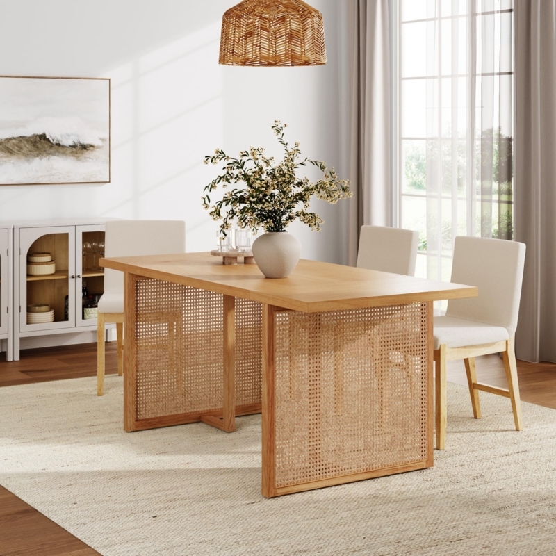 Dining Table: Warm Pine Finish with Rattan Side Panels and Tapered Legs
