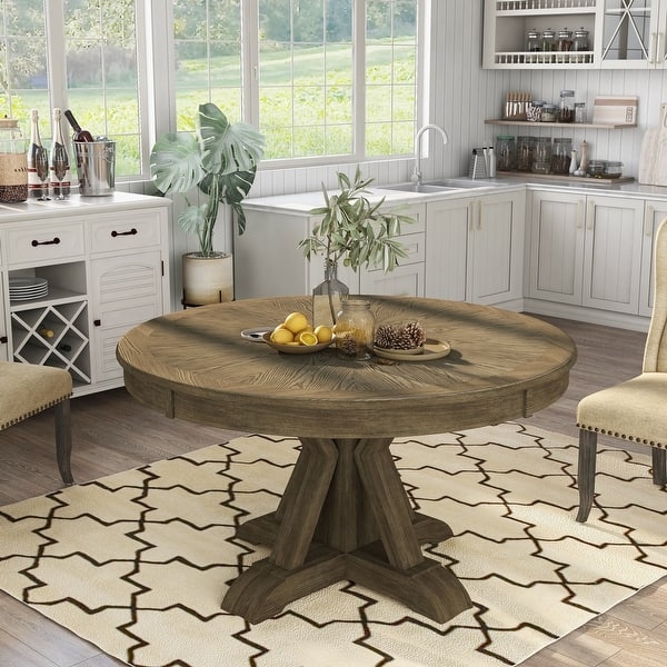 Dining Table Weathered Finish Round Top Pedestal Base Dining Layout