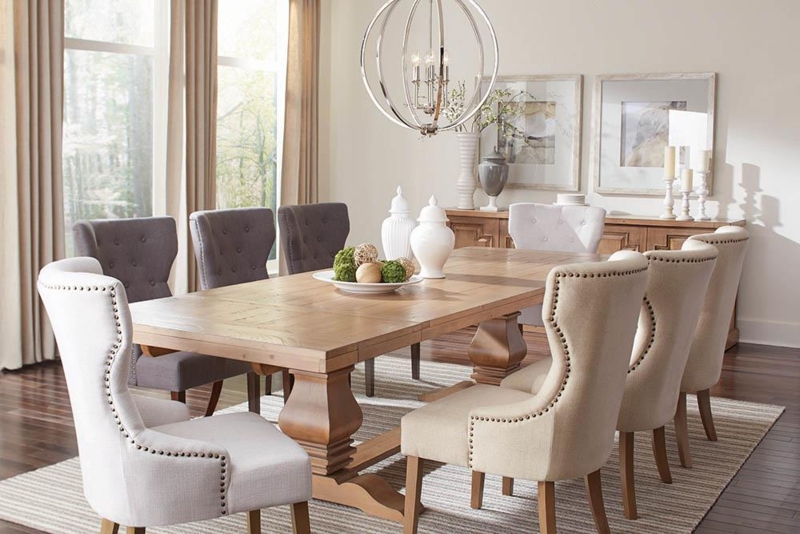 Dining Table Weathered Gray Double Pedestal Carved Base Scrollwork