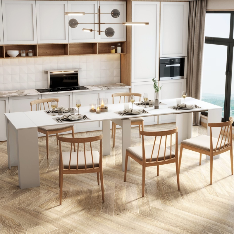 Dining Table White Extendable with Block Legs, Extra Long Design