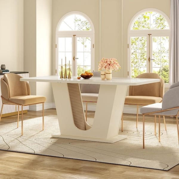 Dining Table White Fluted Pedestal Base, Rounded Corners, Scandinavian