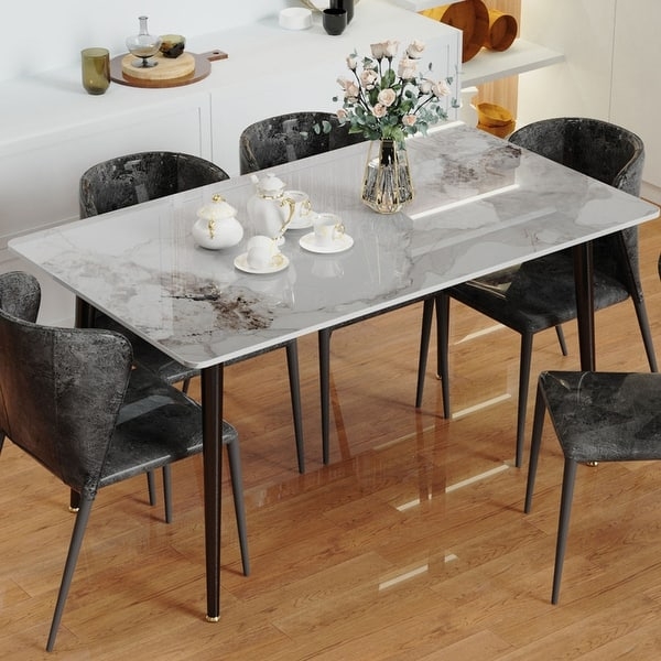 Dining Table White Gray Marbled Stone Top Black Central Pedestal Base