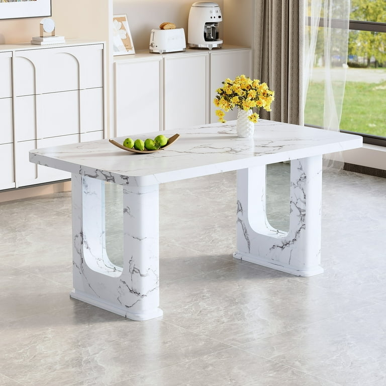 Dining Table White Marble Finish Top Clear Acrylic Tapered Legs
