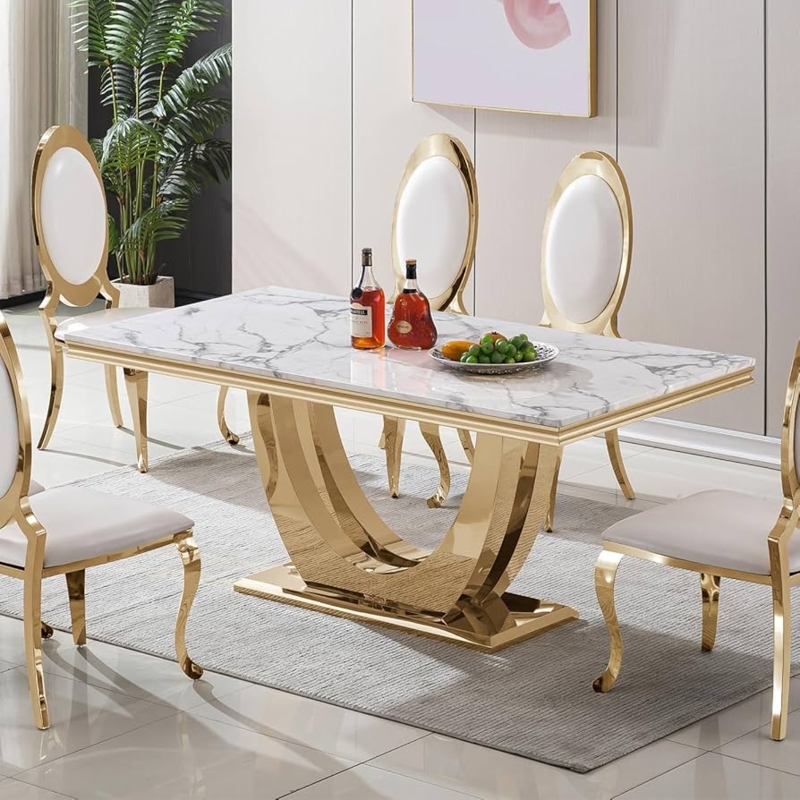 Dining Table White Marble Top Gold U-Shaped Base Modern Glam