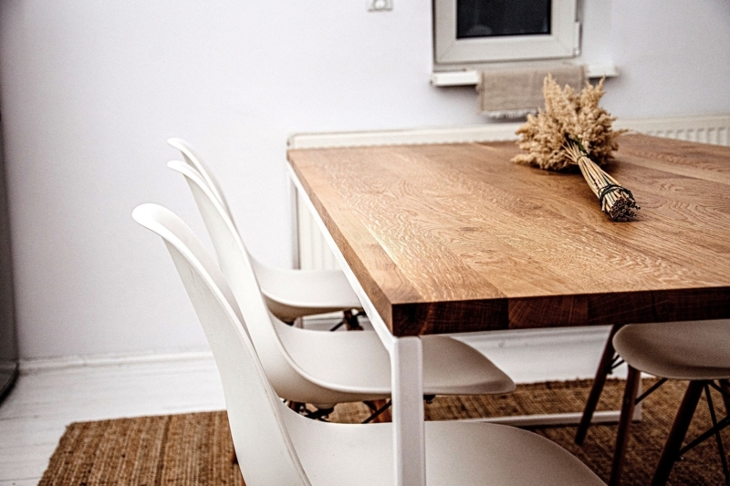 Dining Table White Metal Frame Wood Top with Slanted Legs