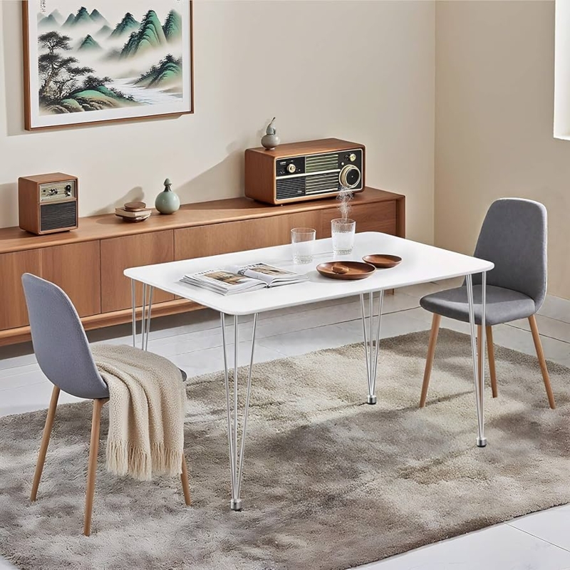 Dining Table White Rectangular Top Splayed Black Metal Legs Minimalist