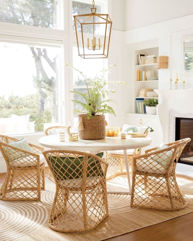 Dining Table: White Round Pedestal Base with Woven Cane Chairs