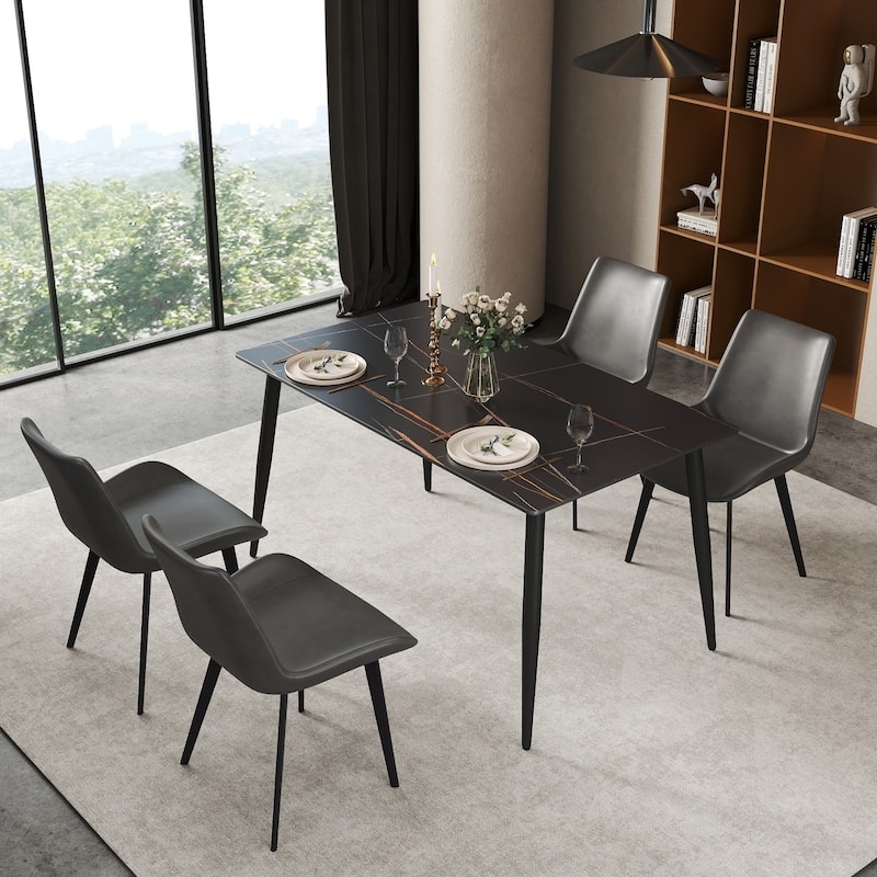 Dining Table White Sintered Stone Look Black Metal Legs