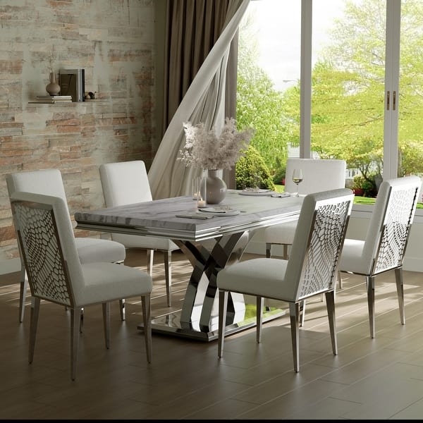 Dining Table White Top Mirrored Silver Metal Cross Base X-Legs