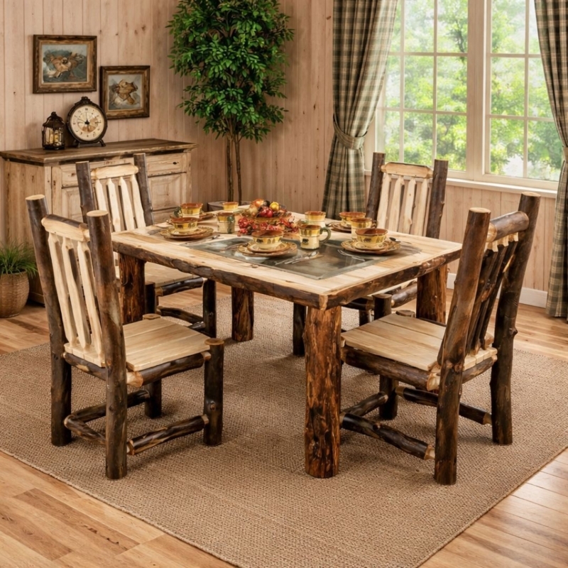 Dining Table with Aspen Log Base, Live Edge Slab Top, Rustic Lodge Style