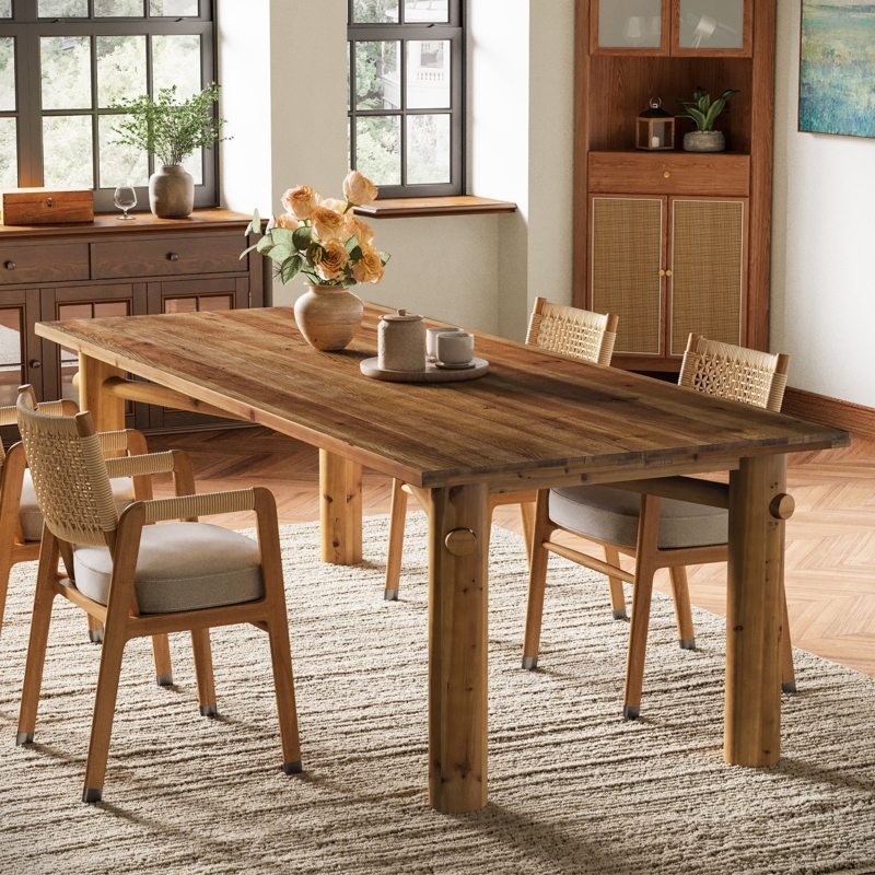 Dining Table with Chunky Block Legs, Embossed Wood Texture, Industrial