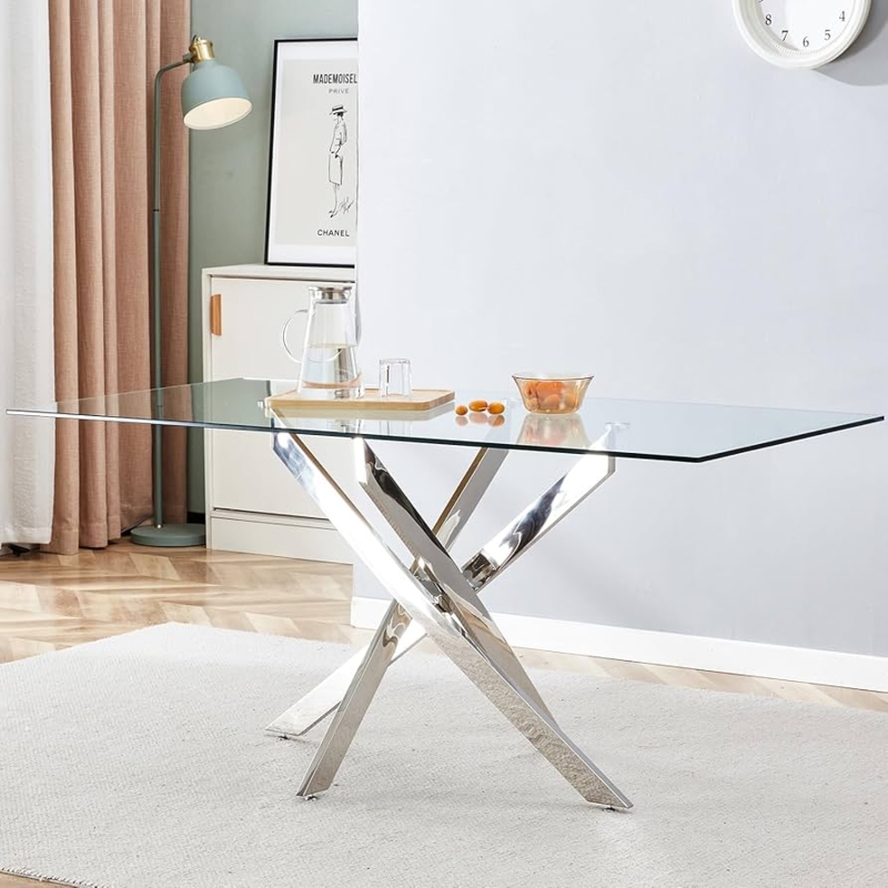 Dining Table with Curved Pedestal Base & Glass Top