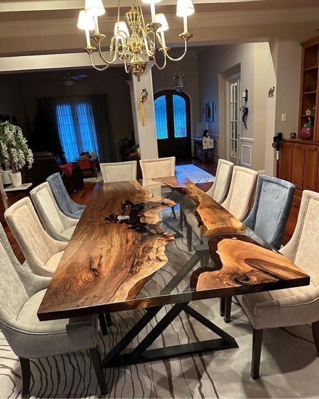 Dining Table with Epoxy River and Live Edge Walnut Slab