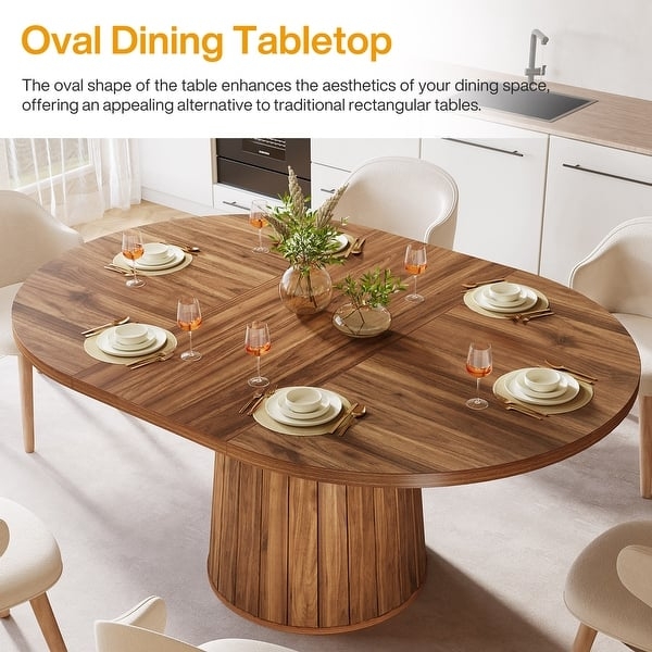 Dining Table with Faceted Pedestal Base, Oval Wood Top, Contemporary Style