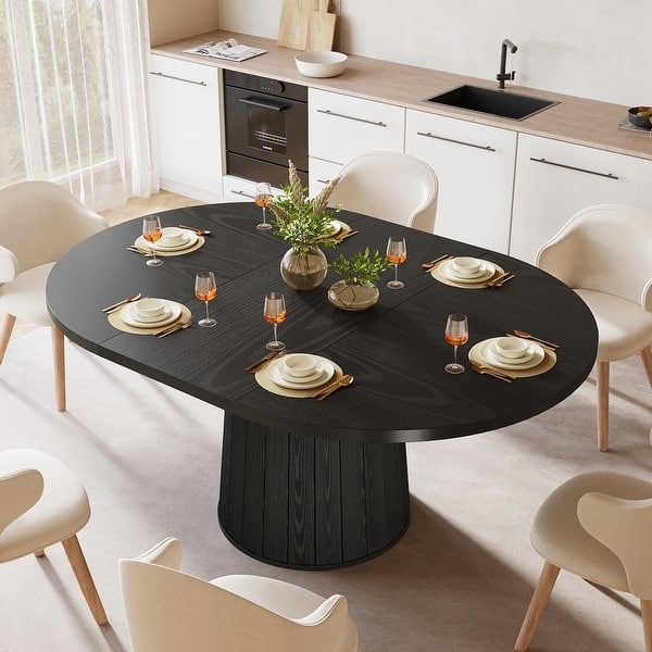 Dining Table with Fluted Polygonal Base, Rounded Rectangular Top