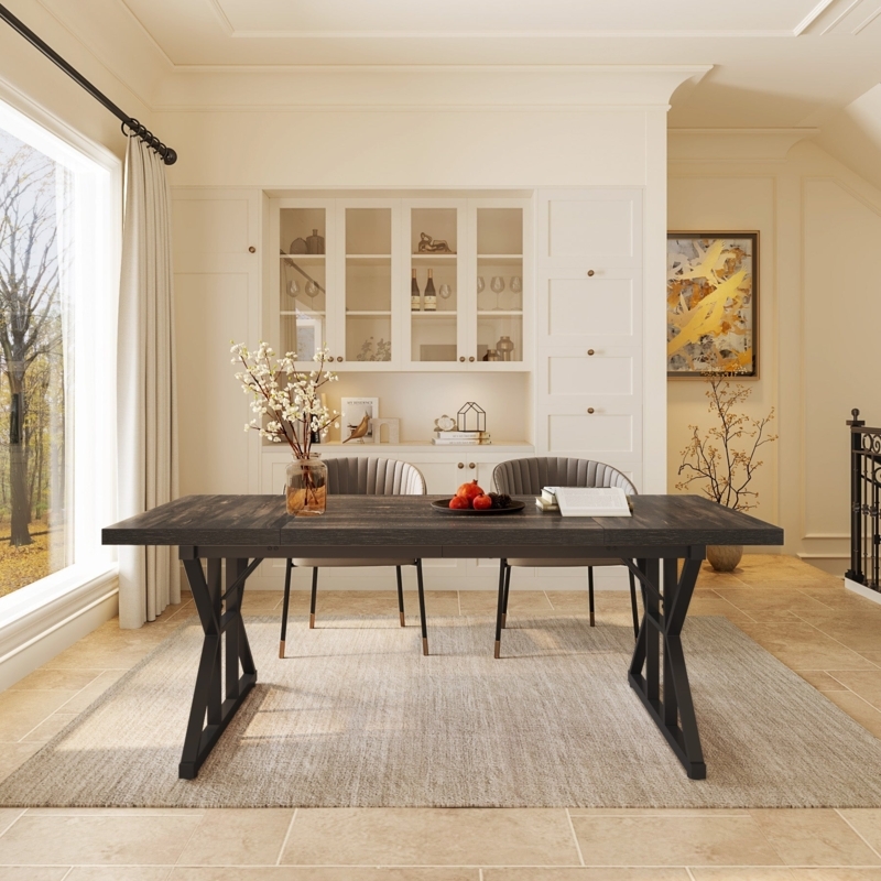 Dining Table with Geometric Pedestal Legs Walnut Top Industrial Modern