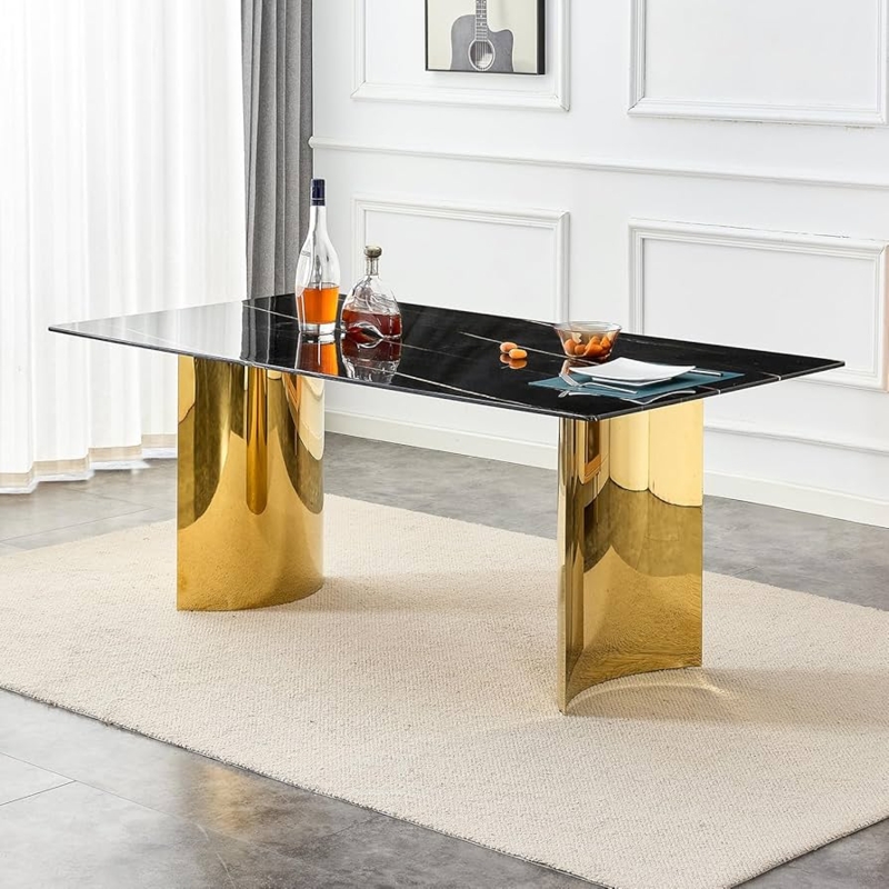 Dining Table with Gold Geometric Pedestal and Marble Look Glass Top