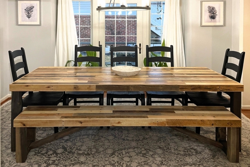 Dining Table with Reclaimed Plank Look, Square Legs, Rustic Style