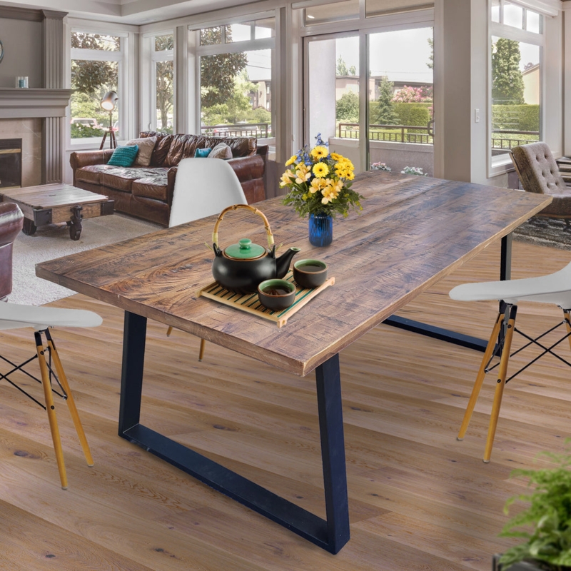 Dining Table with Recycled Wood Texture and Block Pedestal Base