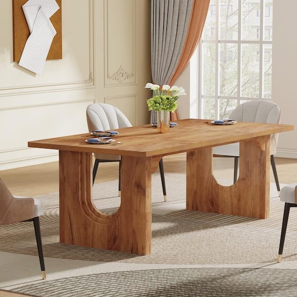 Dining Table with Sculptural Pedestal Base, Thick Wood Top, Modern Style