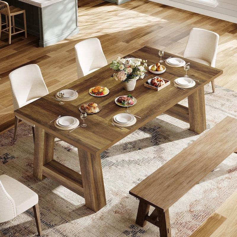 Dining Table with Tapered Legs, Natural Wood, Farmhouse Style