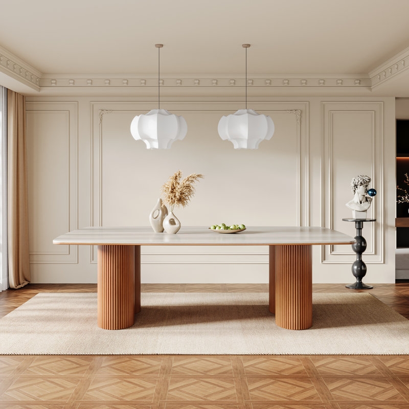 Dining Table with Travertine Top and Ribbed Pedestal Base