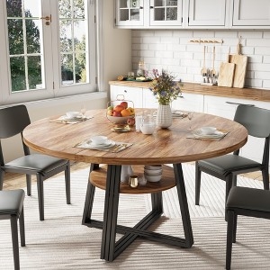 Dining Table with Two-Tier Storage Shelf and X-Shaped Metal Base