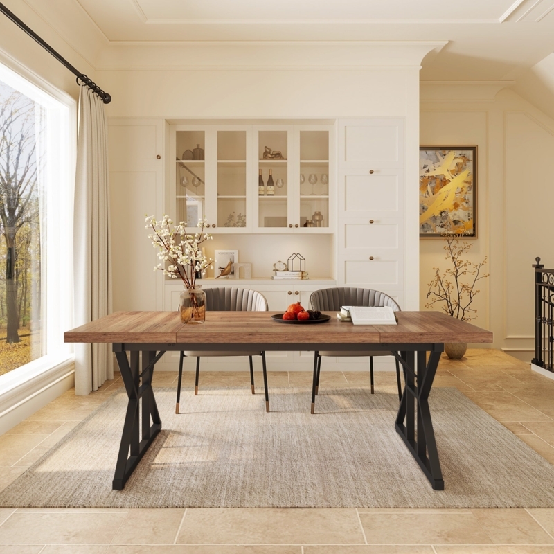 Dining Table with U-Shaped Metal Legs, Walnut Finish Top, Industrial Style