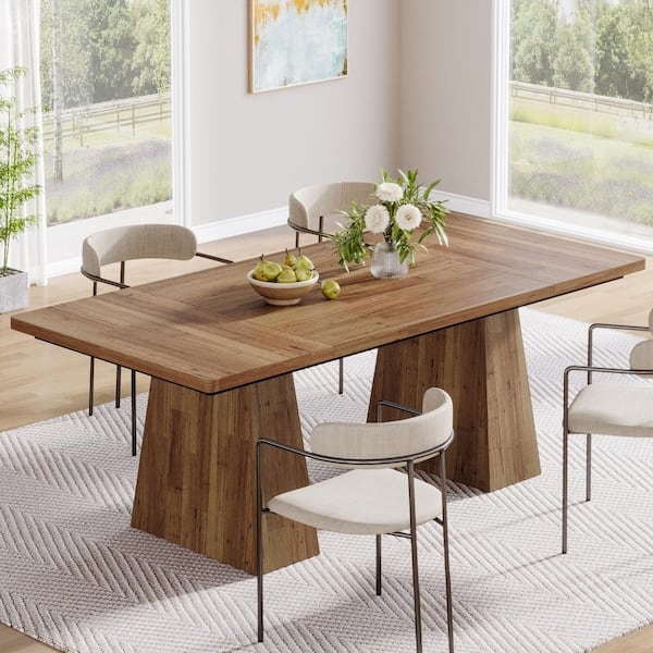 Dining Table with V-Shaped Pedestal, Light Oak Finish, Contemporary Style