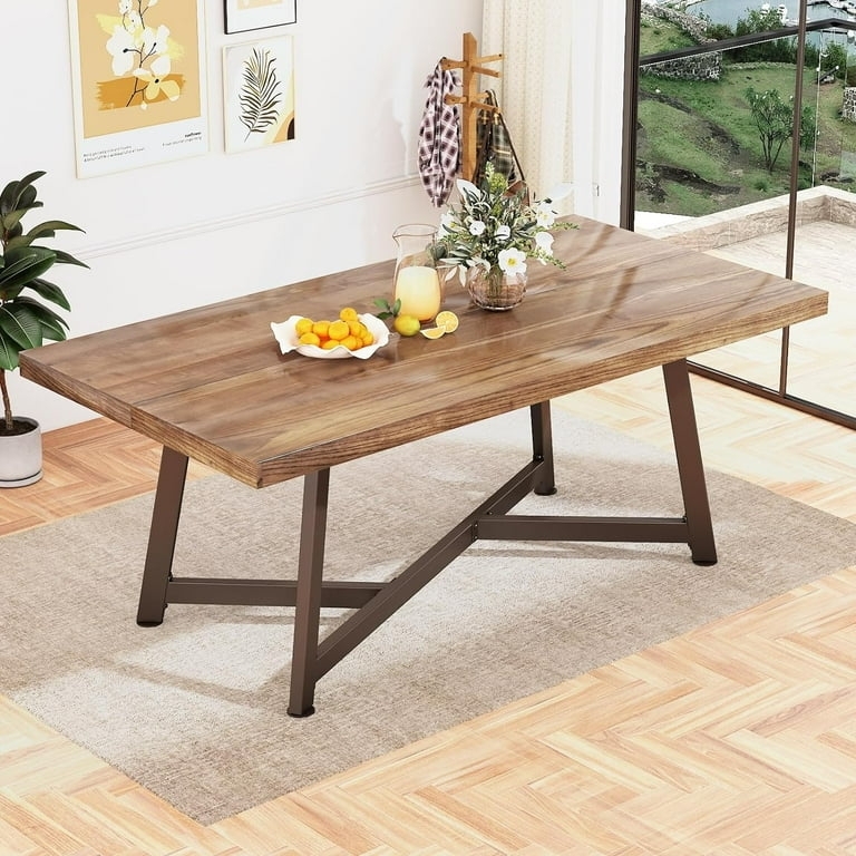 Dining Table Wood Plank Top Metal Sled Base Design