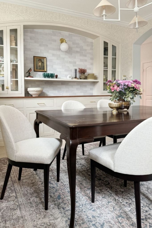 Dining Table Wood Tapered Legs Spindle Back Chairs Tiered Lighting