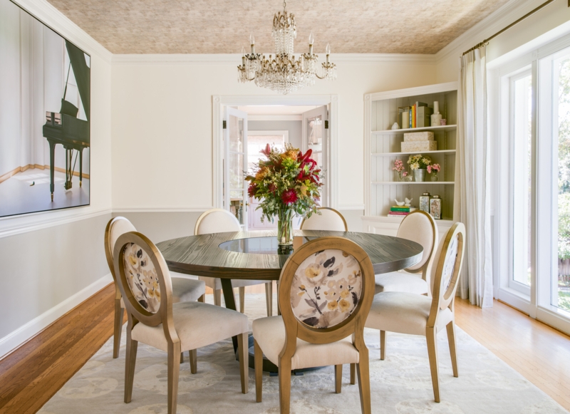 Dining Table: Wood Transitional Set with Patterned Chair Backs