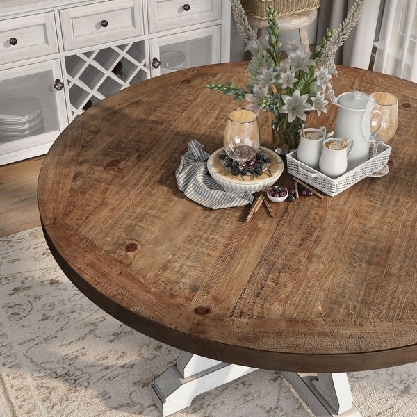 Dining Table X-Base Pedestal Round Top Warm Oak Rustic Kitchen Table