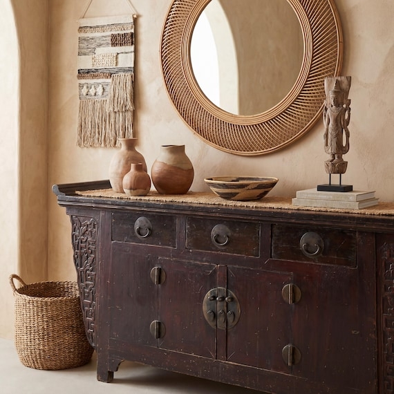 Distressed Accent Cabinet with Apothecary Drawer Grid and Ring Pulls