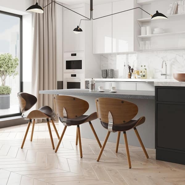 Distressed Brown Dining Chair Tapered Wood Legs Curved Back Industrial