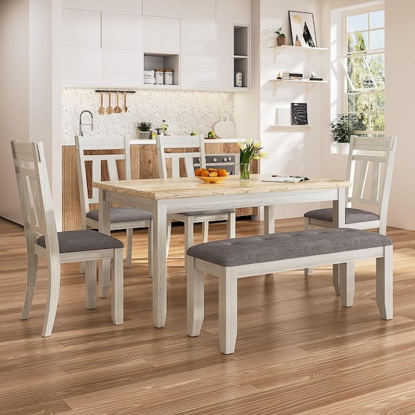Distressed Gray Kitchen Table Set with Ladder Back Chairs and Bench