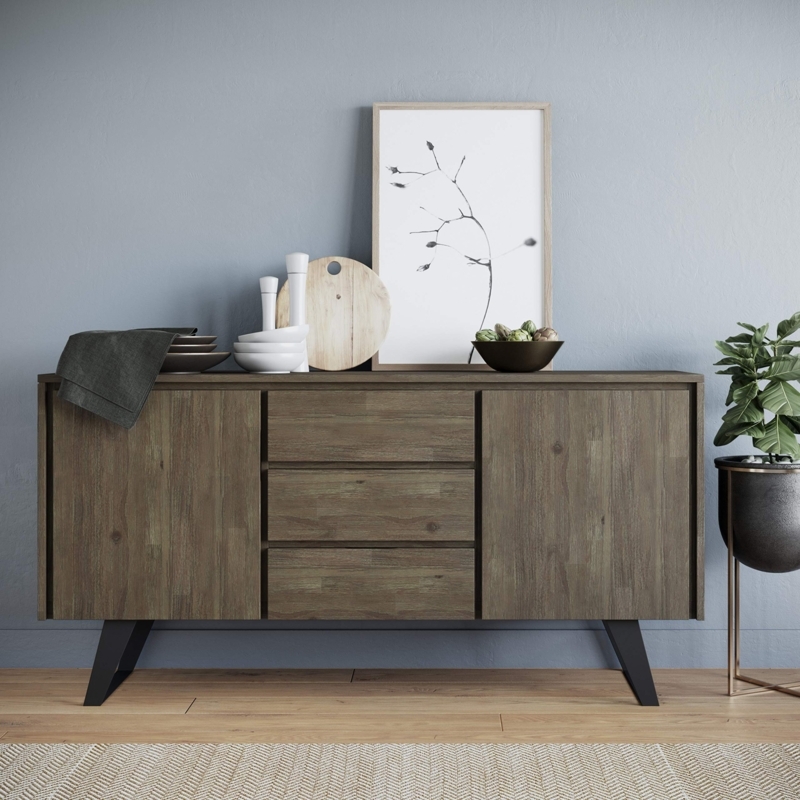 Distressed Grey Wood Buffet Sideboard with Black Metal Sled Base