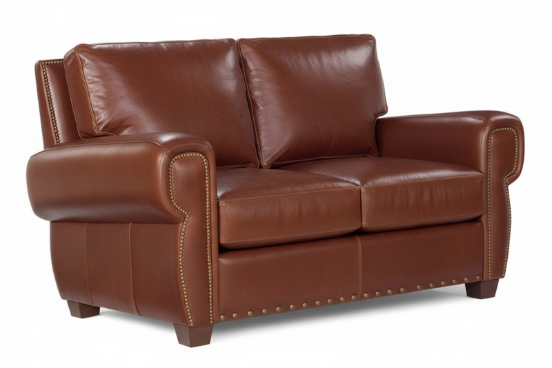 Distressed Leather Loveseat with Rolled Arms and Nailhead Trim