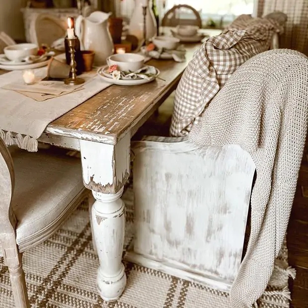 Distressed White Farm Table with Plank Style Top and Thick Legs