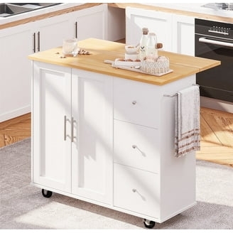 Distressed White Kitchen Island featuring Louvered Doors and Wood Top