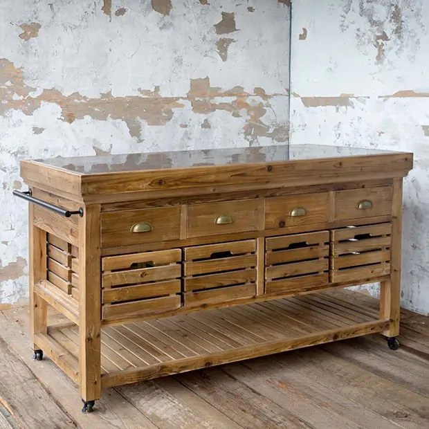 Distressed Wood Kitchen Cart with Metallic Top and Industrial Casters