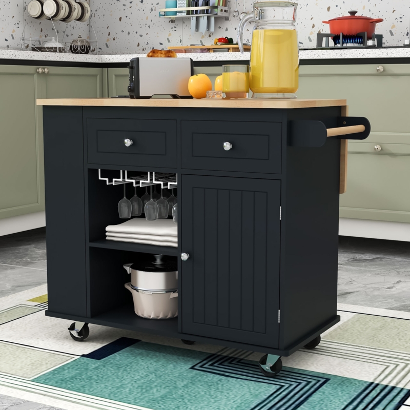 Drop Leaf Island for Small Spaces in Black with Integrated Outlet
