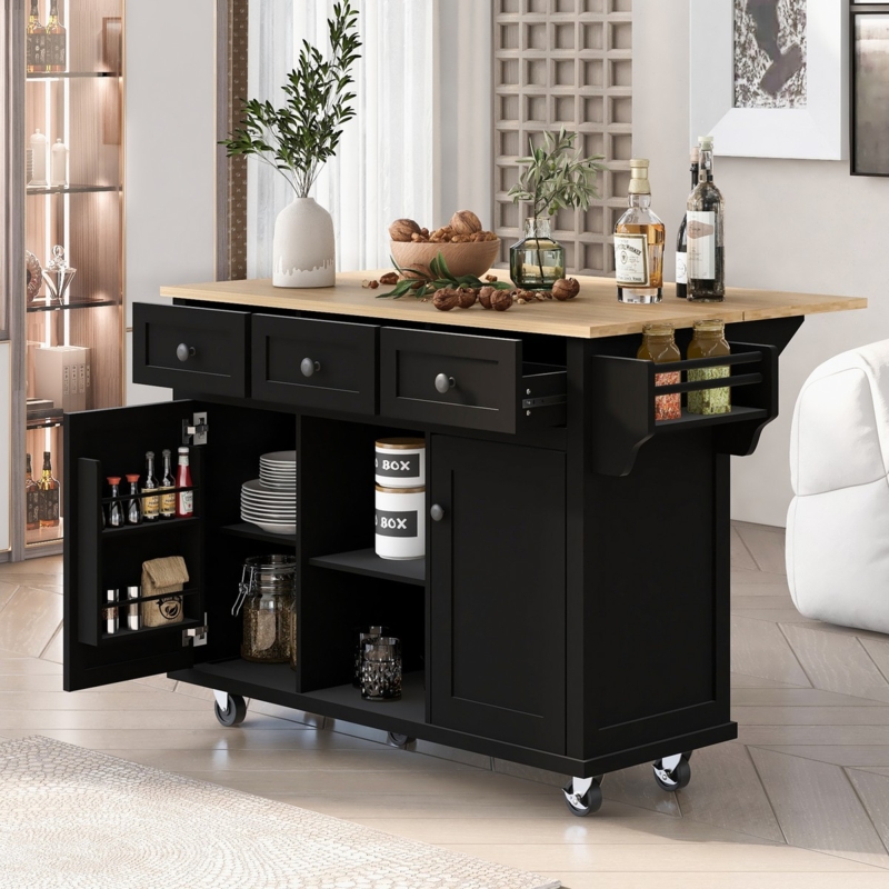 Drop-Leaf Kitchen Cart Workspace with Integrated Side Racks and Matte Finish