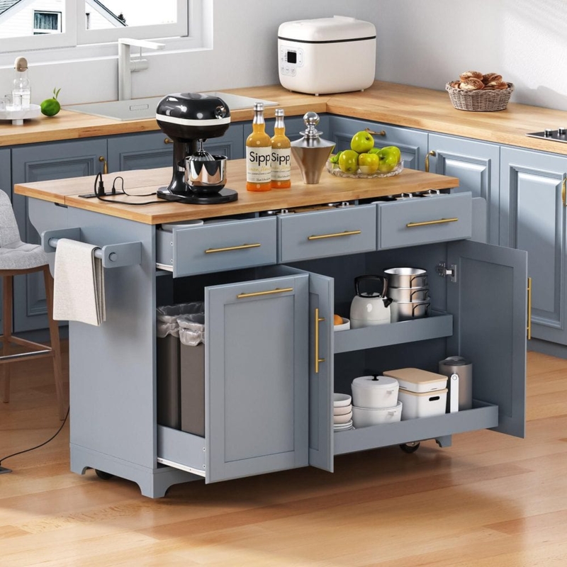 Drop Leaf Kitchen Island with Hidden Trash, Power Outlet, Blue-Grey