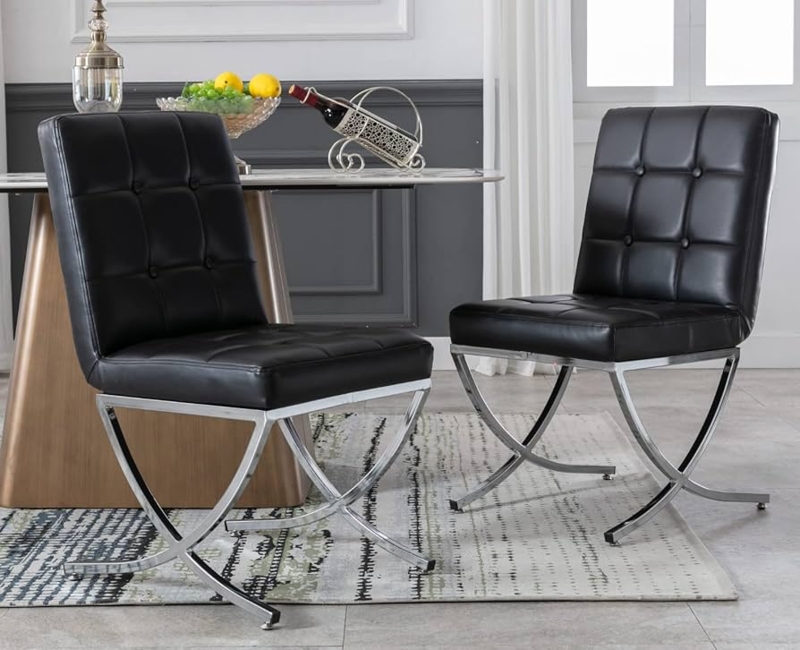 - EALSON Modern Dining Chairs Set of 2, Black Leather  Upholstered Seater with Chrome Metal Lges and High Tufted Backs, Armless,  for Dining Room/Kitchen/Restaurant Use - Chairs